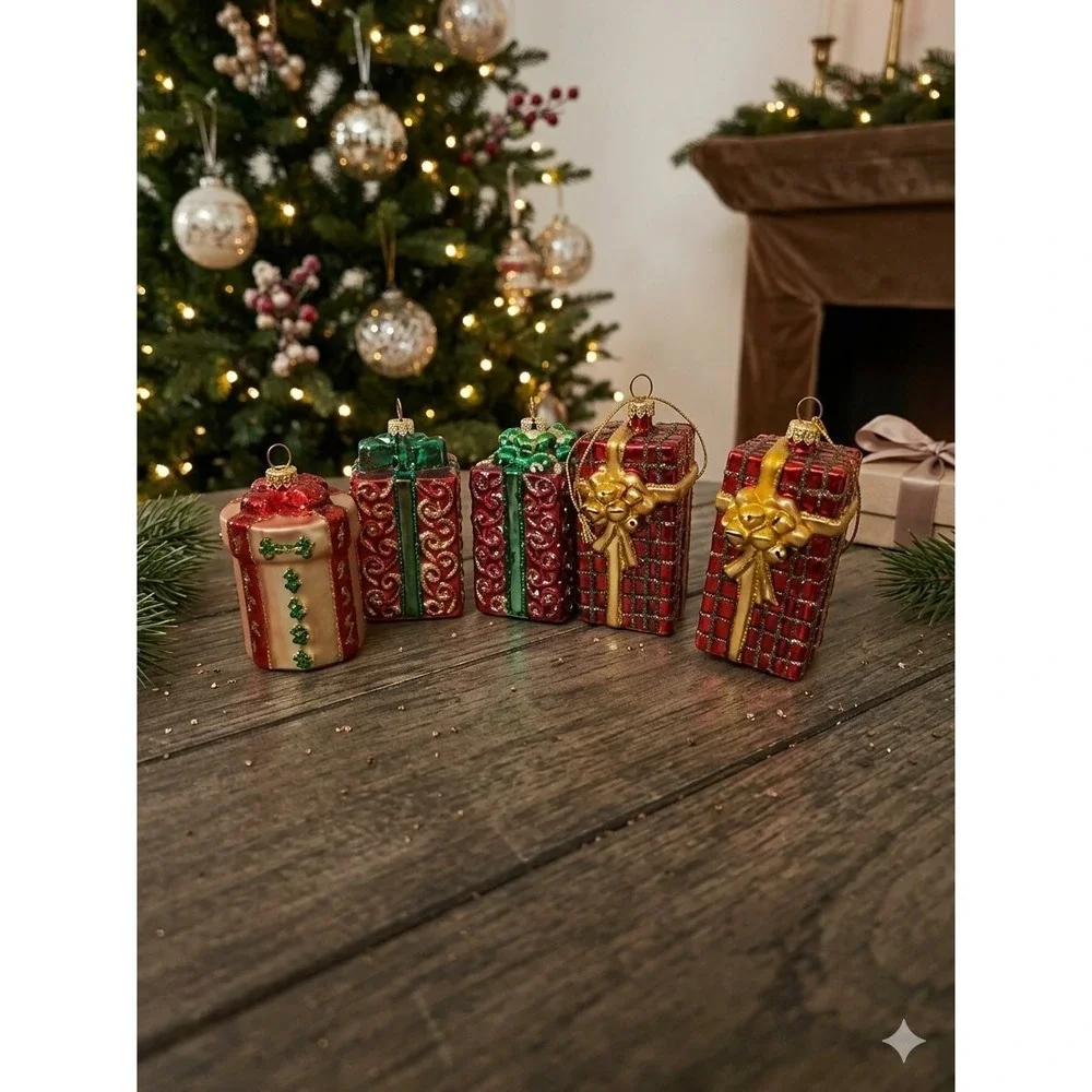 5 Vintage Blown Glass Christmas Present Ornaments Red Gold Green Glitter READ